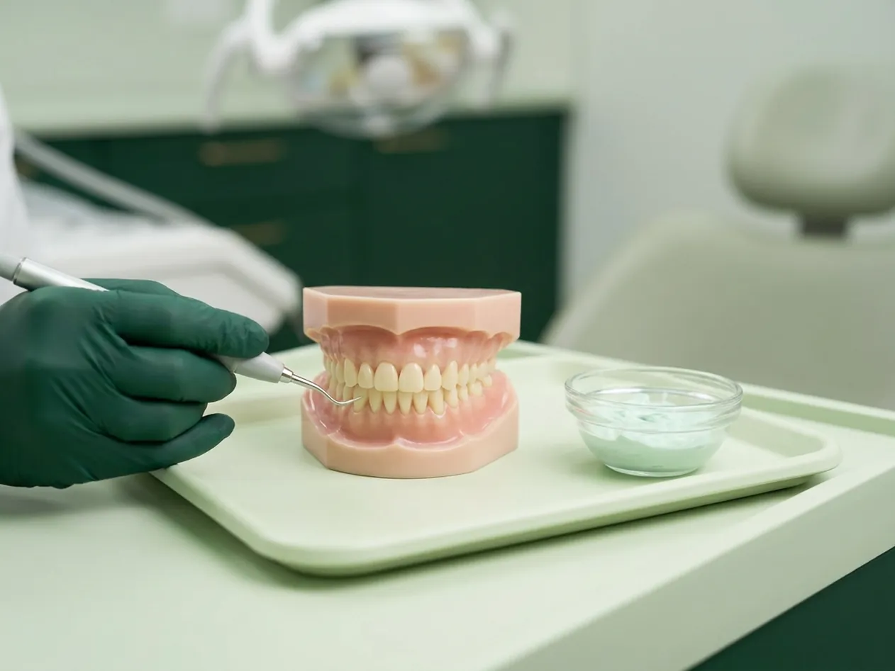 Render clinico della pulizia dei denti: tartaro che si stacca e spray di polvere dell'airflow