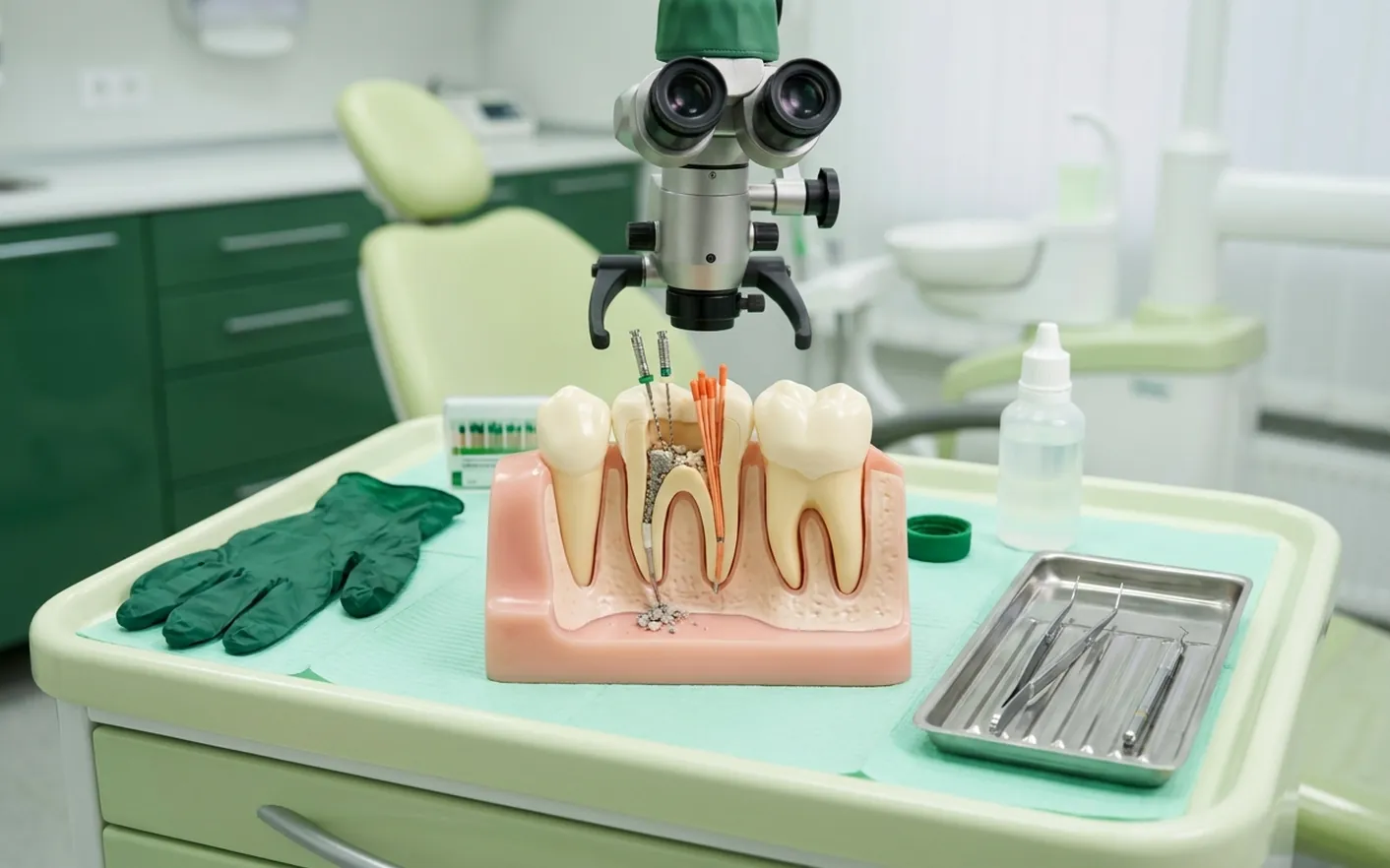Render clinico del ritrattamento canalare: la vecchia otturazione che esce dai canali sotto il microscopio