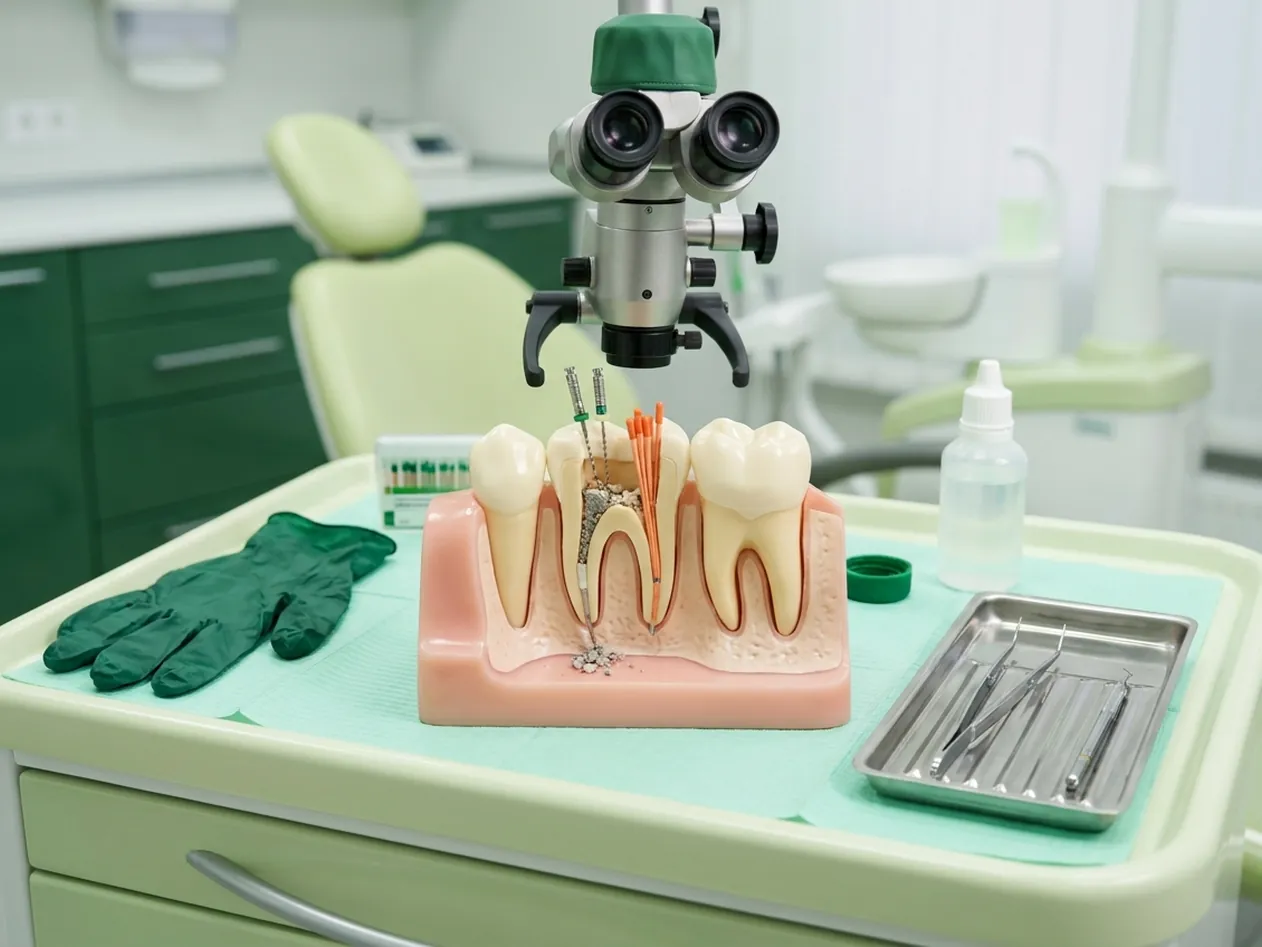 Render clinico del ritrattamento canalare: la vecchia otturazione che esce dai canali sotto il microscopio