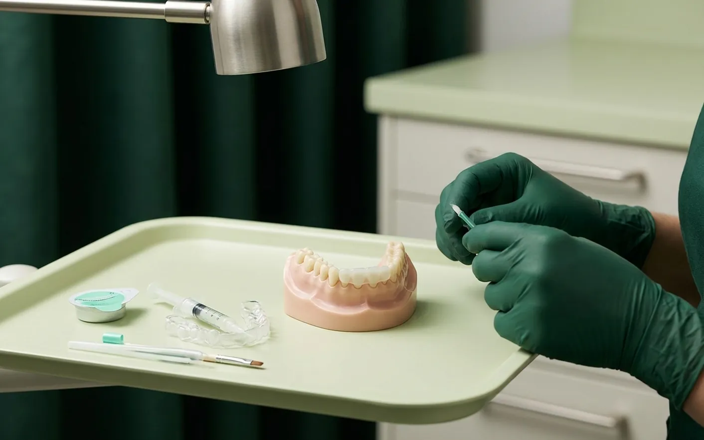 Render clinico dello sbiancamento: la lampada sull'arcata e la mascherina con la siringa del gel