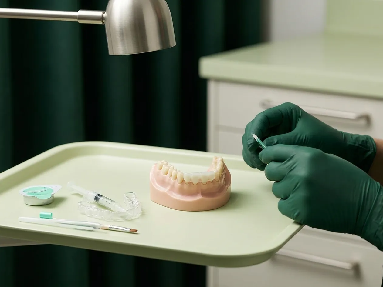 Render clinico dello sbiancamento: la lampada sull'arcata e la mascherina con la siringa del gel