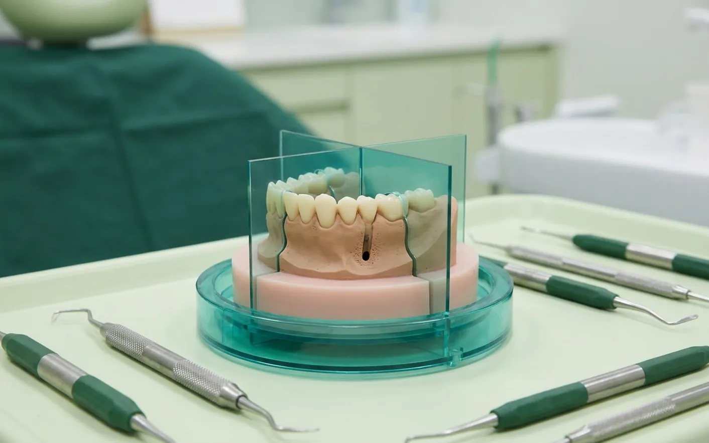 Render clinico della TAC cone beam: l'anello che gira intorno alla mascella con i piani di taglio