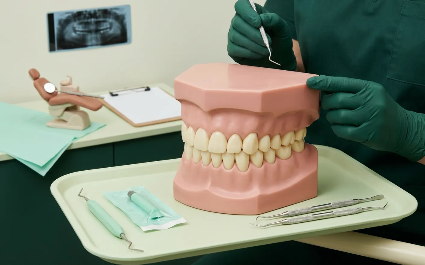 Render clinico della prima visita: poltrona, specchietto e sonda, il piano di cura scritto