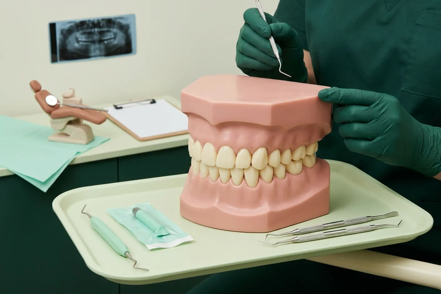 Render clinico della prima visita: poltrona, specchietto e sonda, il piano di cura scritto