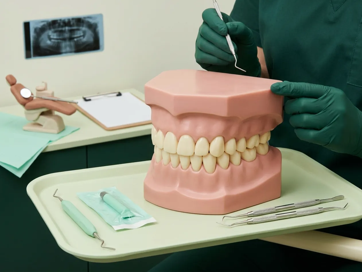 Render clinico della prima visita: poltrona, specchietto e sonda, il piano di cura scritto